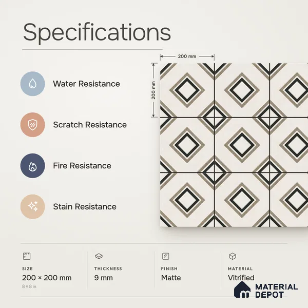 Moroccan Floor & Wall Tile TL 11725 | 8 in x 8 in Vitrified Matte Tile - 9 mm