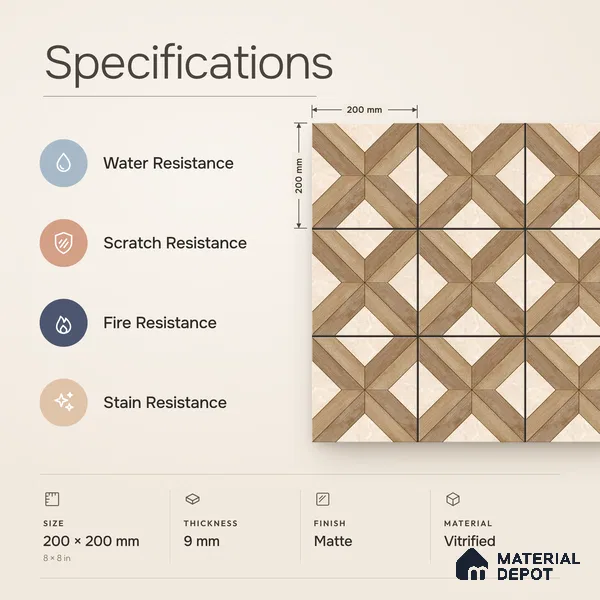 Moroccan Floor & Wall Tile TL 11726 | 8 in x 8 in Vitrified Matte Tile - 9 mm