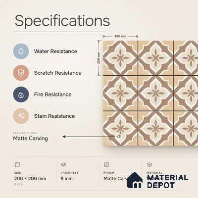 Moroccan Floor & Wall Tile TL 11736 | 8 in x 8 in Vitrified Carving Matte Finish Tile - 9 mm
