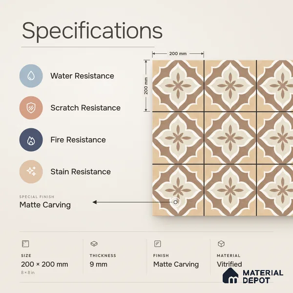 Moroccan Floor & Wall Tile TL 11736 | 8 in x 8 in Vitrified Carving Matte Finish Tile - 9 mm
