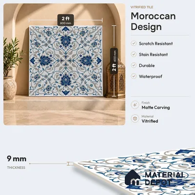 Moroccan Wall & Floor Tile TL 11766 | 2 ft x 2 ft Vitrified Carving Matte Finish Tile - 9 mm | Suitable For Kitchen, Balcony, Dining Area