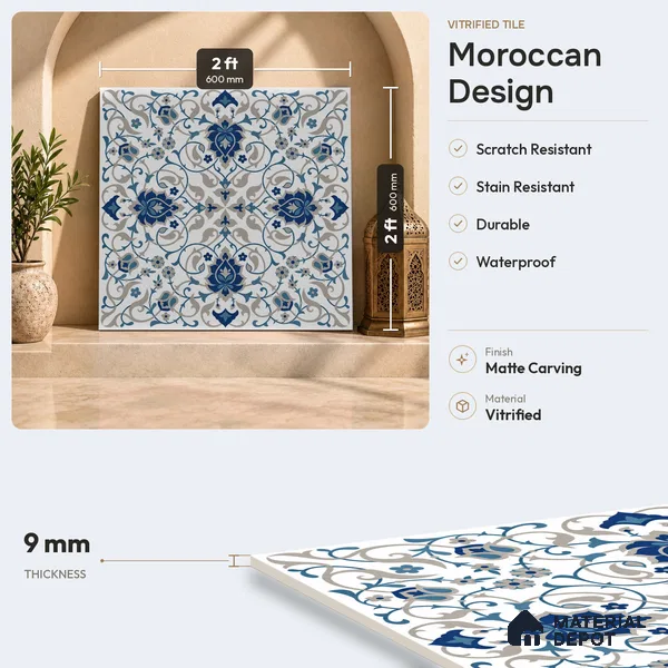 Moroccan Wall & Floor Tile TL 11766 | 2 ft x 2 ft Vitrified Carving Matte Finish Tile - 9 mm | Suitable For Kitchen, Balcony, Dining Area