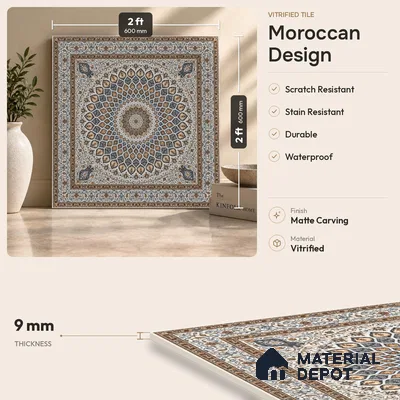 Moroccan Wall & Floor Tile TL 11767 | 2 ft x 2 ft Vitrified Carving Matte Finish Tile - 9 mm | Suitable For Kitchen, Bedroom, Dining Area