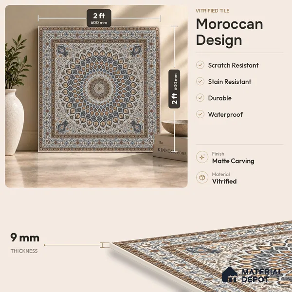 Moroccan Wall & Floor Tile TL 11767 | 2 ft x 2 ft Vitrified Carving Matte Finish Tile - 9 mm | Suitable For Kitchen, Bedroom, Dining Area