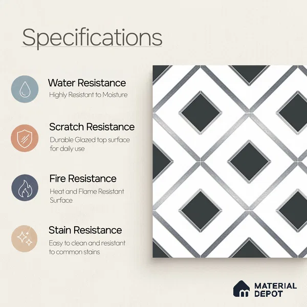 Multifired Moroccan Wall Tile TL 11772 | 1 ft x 1 ft Ceramic Metallic Glue Matte Tile - 9 mm | Suitable For Bathroom, Dining Area, Kitchen