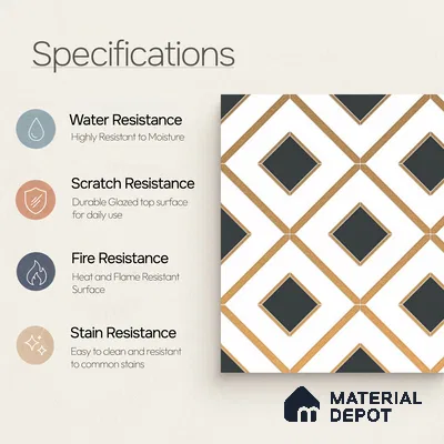 Multifired Moroccan Wall Tile TL 11773 | 1 ft x 1 ft Ceramic Metallic Glue Matte Tile - 9 mm | Suitable For Bathroom, Dining Area, Kitchen