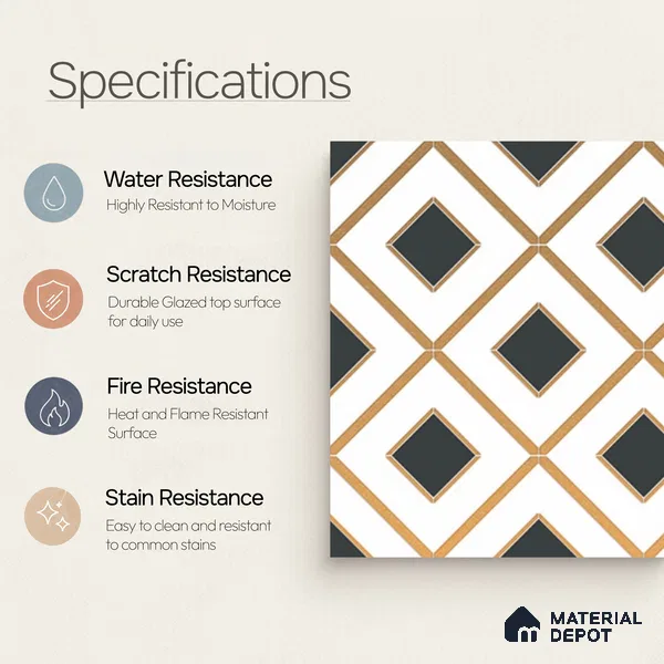 Multifired Moroccan Wall Tile TL 11773 | 1 ft x 1 ft Ceramic Metallic Glue Matte Tile - 9 mm | Suitable For Bathroom, Dining Area, Kitchen