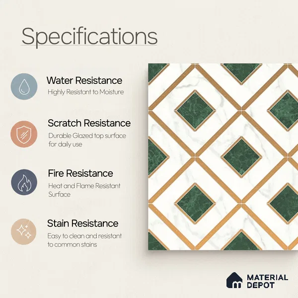 Multifired Moroccan Wall Tile TL 11774 | 1 ft x 1 ft Ceramic Metallic Glue Matte Tile - 9 mm | Suitable For Bathroom, Dining Area, Kitchen
