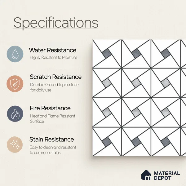 Multifired Moroccan Wall Tile TL 11776 | 1 ft x 1 ft Ceramic Metallic Glue Matte Tile - 9 mm | Suitable For Bathroom, Dining Area, Kitchen