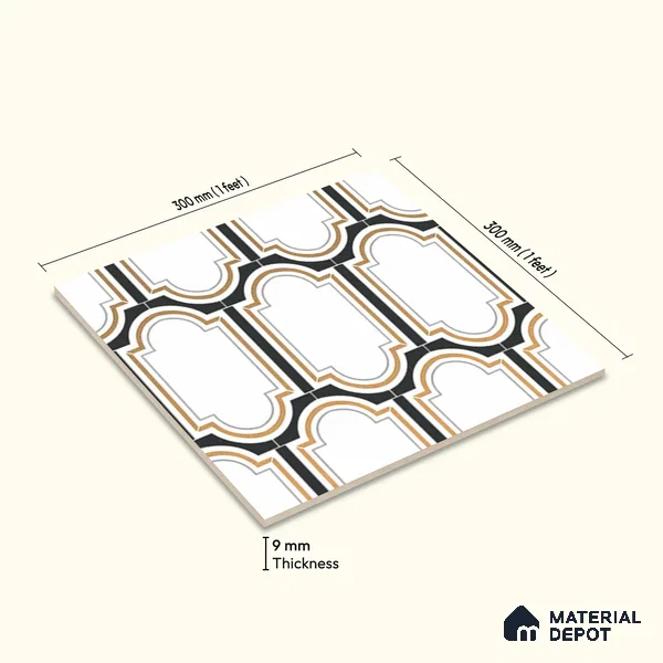 Multifired Moroccan Wall Tile TL 11778 | 1 ft x 1 ft Ceramic Metallic Glue Matte Tile - 9 mm | Suitable For Bathroom, Dining Area, Kitchen