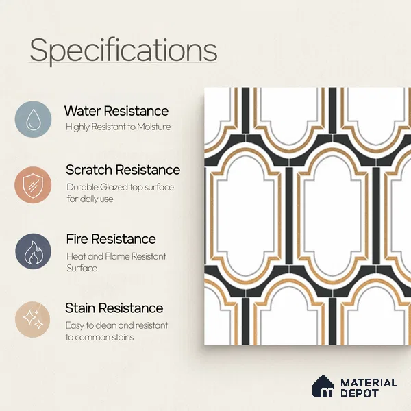 Multifired Moroccan Wall Tile TL 11778 | 1 ft x 1 ft Ceramic Metallic Glue Matte Tile - 9 mm | Suitable For Bathroom, Dining Area, Kitchen