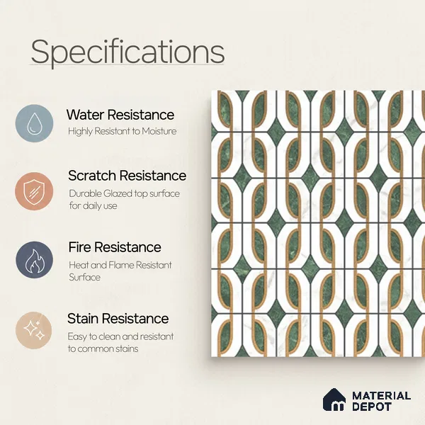 Multifired Moroccan Wall Tile TL 11780 | 1 ft x 1 ft Ceramic Metallic Glue Matte Tile - 9 mm | Suitable For Bathroom, Dining Area, Kitchen