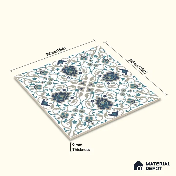 Moroccan Wall Tile TL 11790 | 1 ft x 1 ft Ceramic Matte Tile - 9 mm | Suitable For Bathroom, Dining Area, Kitchen