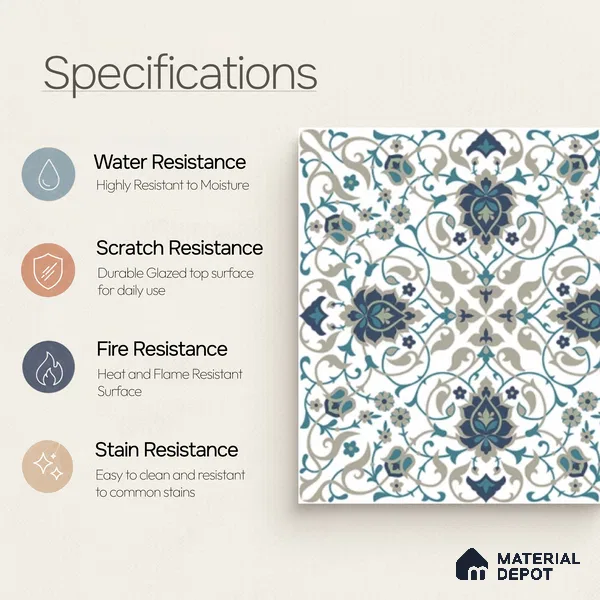 Moroccan Wall Tile TL 11790 | 1 ft x 1 ft Ceramic Matte Tile - 9 mm | Suitable For Bathroom, Dining Area, Kitchen