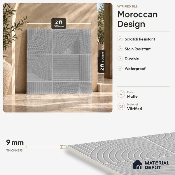 Moroccan Floor Decor Tile TL 11797 B | 2 ft x 2 ft Vitrified Double Digital Matte Tile - 9 mm | Suitable For Courtyard, Balcony, Dining Area