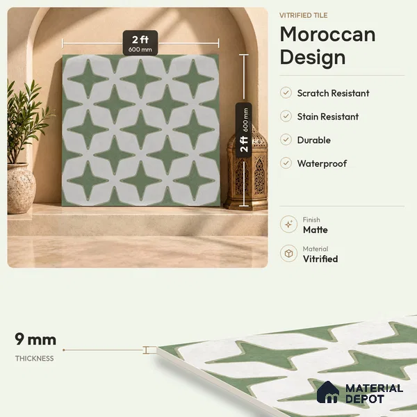 Moroccan Floor Decor Tile TL 11797 D | 2 ft x 2 ft Vitrified Double Digital Matte Tile - 9 mm | Suitable For Kitchen, Balcony, Dining Area