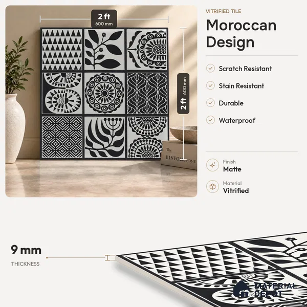 Moroccan Floor Decor Tile TL 11797 F | 2 ft x 2 ft Vitrified Double Digital Matte Tile - 9 mm | Suitable For Kitchen, Accent/Feature Wall, Dining Area