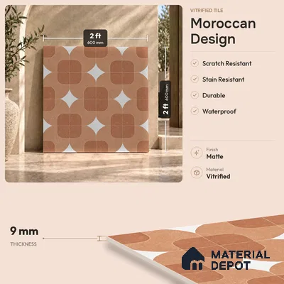 Moroccan Floor Decor Tile TL 11797 H | 2 ft x 2 ft Vitrified Double Digital Matte Tile - 9 mm | Suitable For Corridor, Balcony, Courtyard