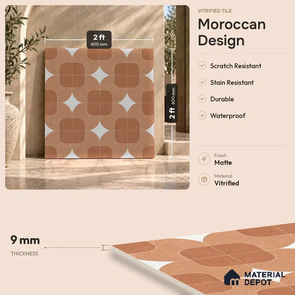 Moroccan Floor Decor Tile TL 11797 H | 2 ft x 2 ft Vitrified Double Digital Matte Tile - 9 mm | Suitable For Corridor, Balcony, Courtyard