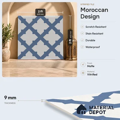 Moroccan Floor Decor Tile TL 11797 J | 2 ft x 2 ft Vitrified Double Digital Matte Tile - 9 mm | Suitable For Kitchen, Balcony, Dining Area
