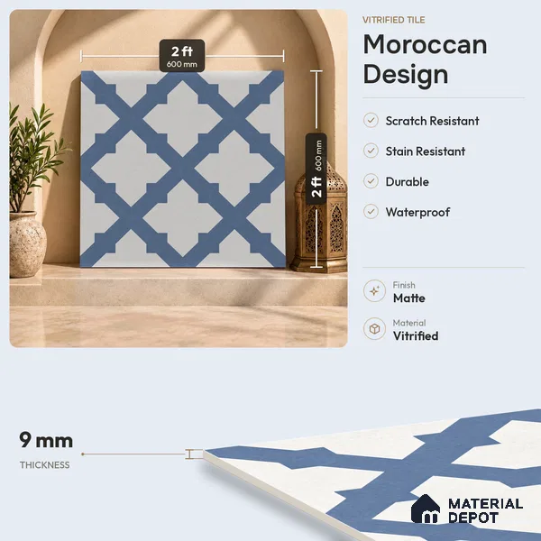 Moroccan Floor Decor Tile TL 11797 J | 2 ft x 2 ft Vitrified Double Digital Matte Tile - 9 mm | Suitable For Kitchen, Balcony, Dining Area