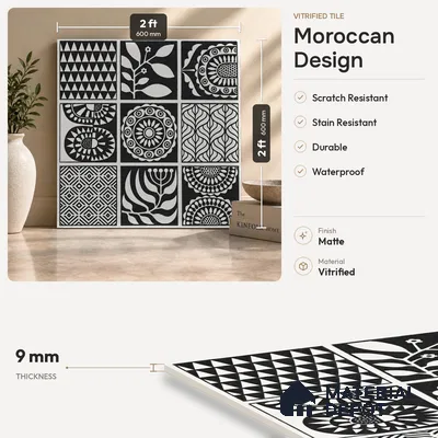 Moroccan Floor Decor Tile TL 11797 L | 2 ft x 2 ft Vitrified Double Digital Matte Tile - 9 mm | Suitable For Kitchen, Accent/Feature Wall, Dining Area