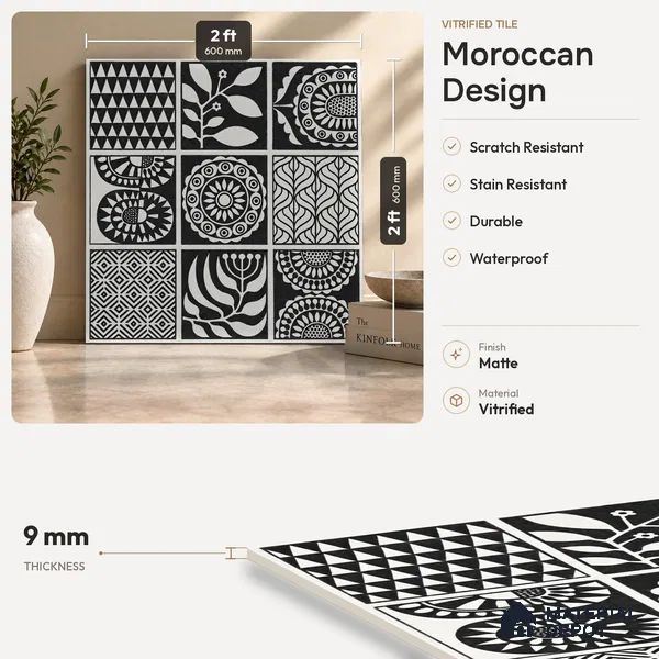 Moroccan Floor Decor Tile TL 11797 L | 2 ft x 2 ft Vitrified Double Digital Matte Tile - 9 mm | Suitable For Kitchen, Accent/Feature Wall, Dining Area