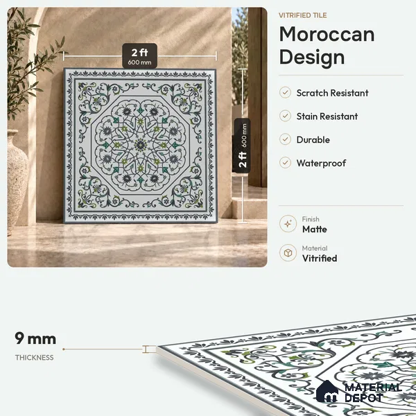Moroccan Wall & Floor Tile TL 11798 B | 2 ft x 2 ft Vitrified Matte Tile - 9 mm | Suitable For Kitchen, Bedroom, Dining Area