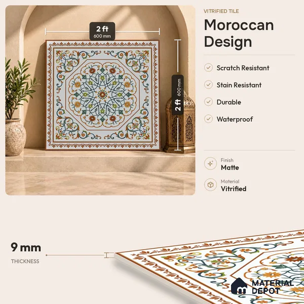 Moroccan Wall & Floor Tile TL 11798 | 2 ft x 2 ft Vitrified Matte Tile - 9 mm | Suitable For Kitchen, Bedroom, Dining Area