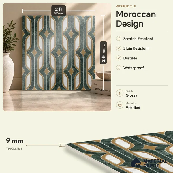 Moroccan Wall & Floor Tile TL 11801 | 2 ft x 2 ft Vitrified Glossy Tile - 9 mm | Suitable For Kitchen, Balcony, Dining Area