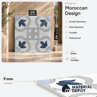 Moroccan Wall & Floor Tile TL 11802 | 2 ft x 2 ft Vitrified Sinker Finish Tile - 9 mm | Suitable For Kitchen, Balcony, Dining Area