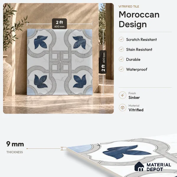 Moroccan Wall & Floor Tile TL 11802 | 2 ft x 2 ft Vitrified Sinker Finish Tile - 9 mm | Suitable For Kitchen, Balcony, Dining Area