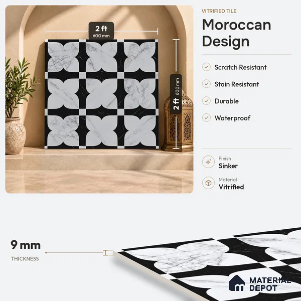 Moroccan Wall & Floor Tile TL 11803 | 2 ft x 2 ft Vitrified Sinker Finish Tile - 9 mm | Suitable For Kitchen, Bathroom, Dining Area