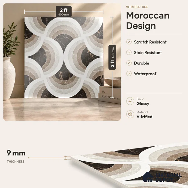 Moroccan Wall & Floor Tile TL 11804 | 2 ft x 2 ft Vitrified Glossy Tile - 9 mm | Suitable For Kitchen, Accent/Feature Wall, Dining Area