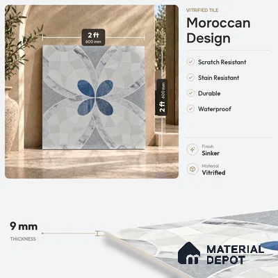 Moroccan Wall & Floor Tile TL 11805 | 2 ft x 2 ft Vitrified Sinker Finish Tile - 9 mm | Suitable For Kitchen, Bathroom, Dining Area