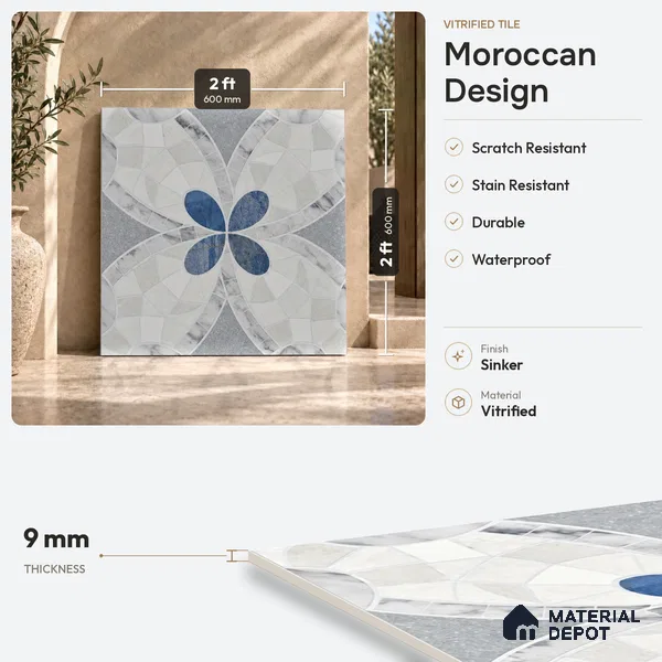 Moroccan Wall & Floor Tile TL 11805 | 2 ft x 2 ft Vitrified Sinker Finish Tile - 9 mm | Suitable For Kitchen, Bathroom, Dining Area
