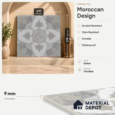 Moroccan Wall & Floor Tile TL 11806 | 2 ft x 2 ft Vitrified Sinker Finish Tile - 9 mm | Suitable For Kitchen, Bathroom, Dining Area