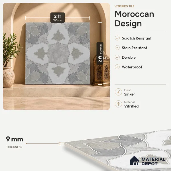 Moroccan Wall & Floor Tile TL 11806 | 2 ft x 2 ft Vitrified Sinker Finish Tile - 9 mm | Suitable For Kitchen, Bathroom, Dining Area