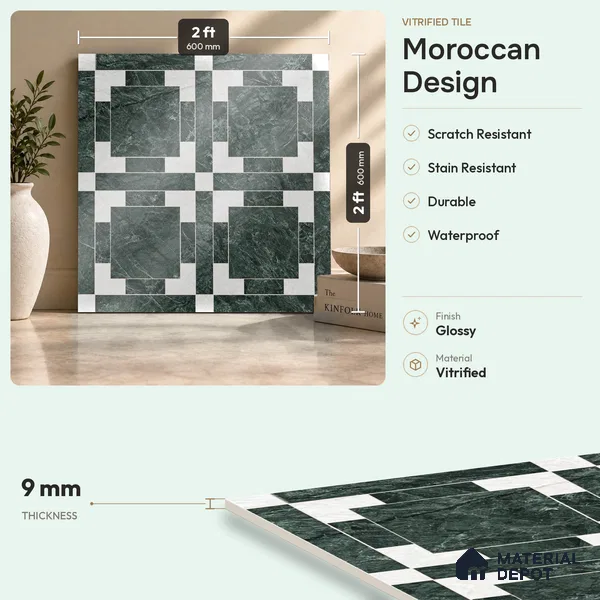 Moroccan Wall & Floor Tile TL 11807 | 2 ft x 2 ft Vitrified Glossy Tile - 9 mm | Suitable For Courtyard, Balcony, Dining Area