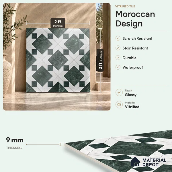 Moroccan Wall & Floor Tile TL 11808 | 2 ft x 2 ft Vitrified Glossy Tile - 9 mm | Suitable For Kitchen, Balcony, Dining Area