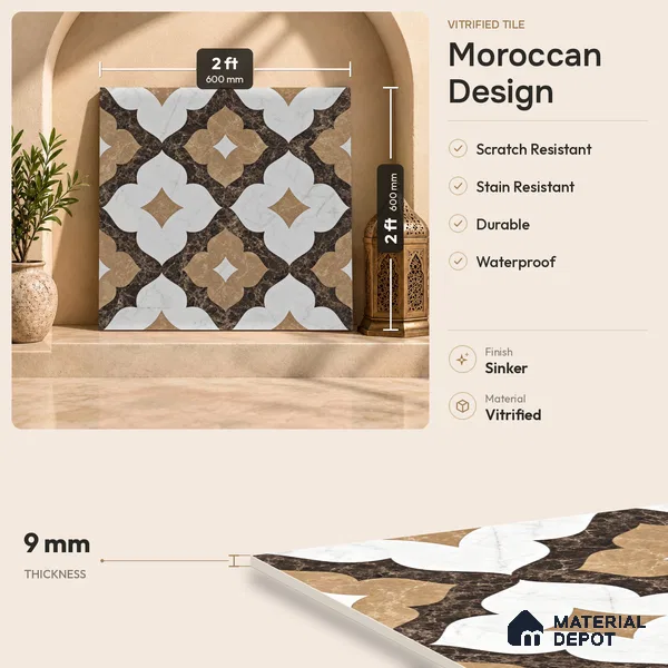 Moroccan Wall & Floor Tile TL 11809 | 2 ft x 2 ft Vitrified Sinker Finish Tile - 9 mm | Suitable For Kitchen, Balcony, Dining Area