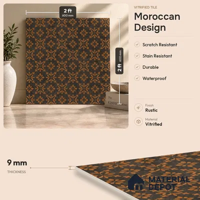 Brown Moroccan Floor & Wall Tile TL 11871 Lustra Antique Copper 2 ft x 2 ft Vitrified Carving Rustic Finish - 9 mm | 4 Random Design | Suitable For Kitchen, Balcony, Dining Area