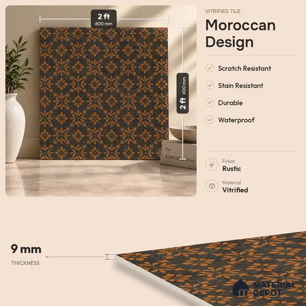 Brown Moroccan Floor & Wall Tile TL 11871 Lustra Antique Copper 2 ft x 2 ft Vitrified Carving Rustic Finish - 9 mm | 4 Random Design | Suitable For Kitchen, Balcony, Dining Area