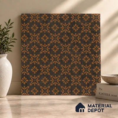 Brown Moroccan Floor & Wall Tile TL 11871 Lustra Antique Copper 2 ft x 2 ft Vitrified Carving Rustic Finish - 9 mm | 4 Random Design | Suitable For Kitchen, Balcony, Dining Area