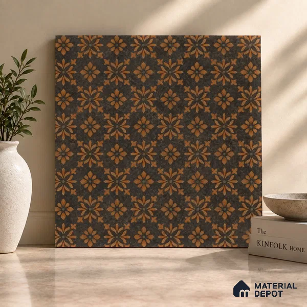Brown Moroccan Floor & Wall Tile TL 11871 Lustra Antique Copper 2 ft x 2 ft Vitrified Carving Rustic Finish - 9 mm | 4 Random Design | Suitable For Kitchen, Balcony, Dining Area