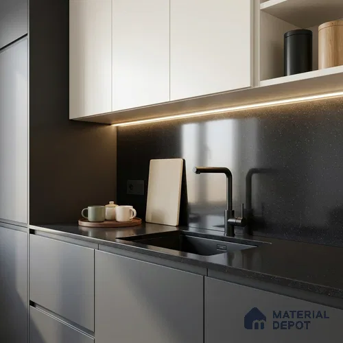 Terrazzo Counter Top Slab TL 11894 D Oro Nero Glossy 8 ft x 2.62 ft Glossy Full Body Vitrified Tile - 15 mm | Suitable For Counter Top, Dining Table Top & Window Frame