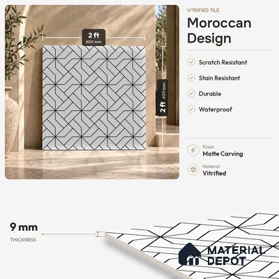 Moroccan Floor & Wall Tile TL 11912 | 2 ft x 2 ft Carving Matte Finish  Vitrified Tile - 9 mm | Suitable For Balcony, Kitchen, Dining Area