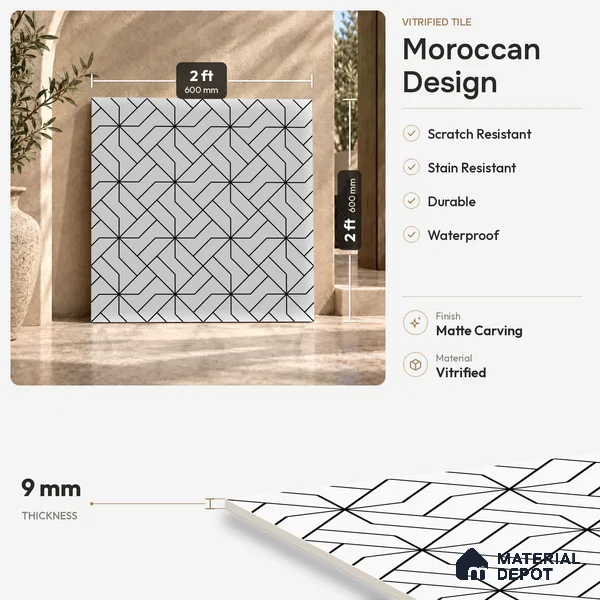 Moroccan Floor & Wall Tile TL 11912 | 2 ft x 2 ft Carving Matte Finish Vitrified Tile - 9 mm | Suitable For Balcony, Kitchen, Dining Area