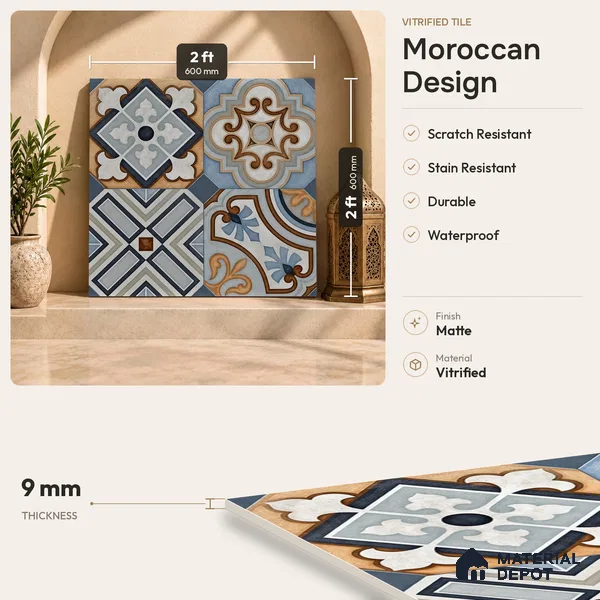 Moroccan Wall & Floor Tile TL 11913 | 2 ft x 2 ft Matte Finish Vitrified Tile - 9 mm | Suitable For Balcony, Kitchen, Dining Area | Random Designs