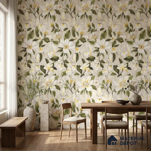 Floral Look Wall Tile TL 12121 Floral White 4 ft x 2 ft Vitrified Matte Finish - 9 mm | Suitable for Bathroom, Accent/Feature Wall, Dining Area